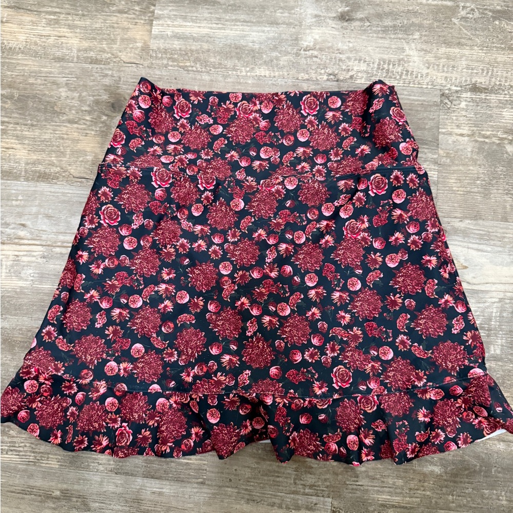 Albion Red and Pink Ruffled Skater Mini Skirt